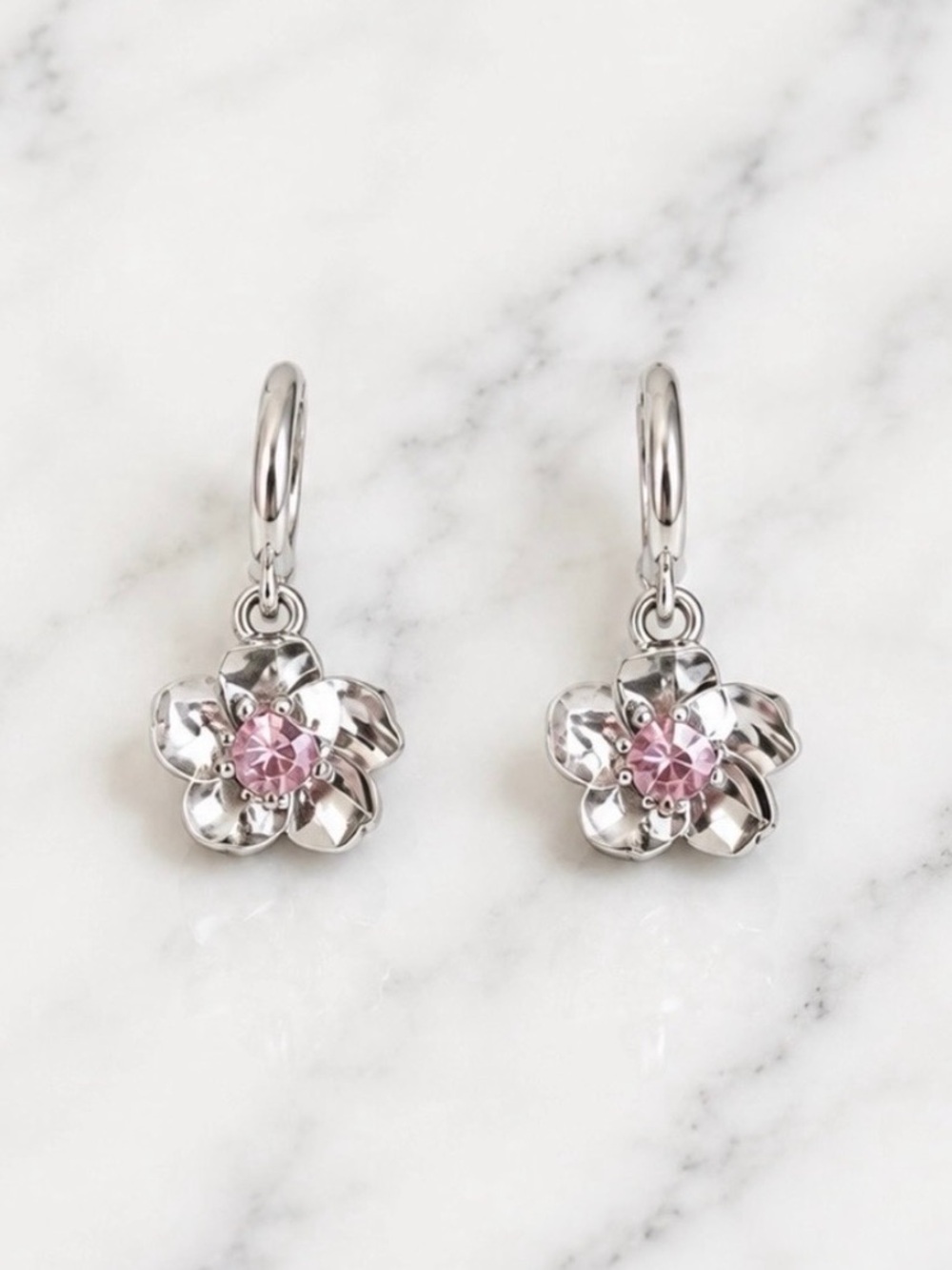Floral Hoop Earrings with Pink Stone Center-Silver Tone Hardware